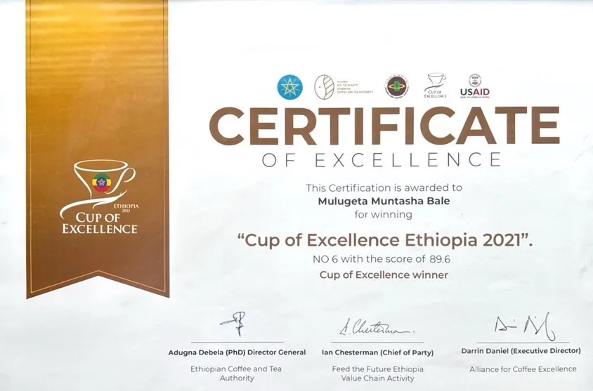 Cup of Excellence Ethiopia 2021 certificate — Mulugeta Muntasha Bale, no. 6, score 89.6.