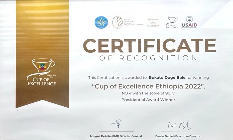 Cup of Excellence Ethiopia 2022 certificate — Bukato Duge Bale, no. 4, score 90.17, Presidential Award Winner.